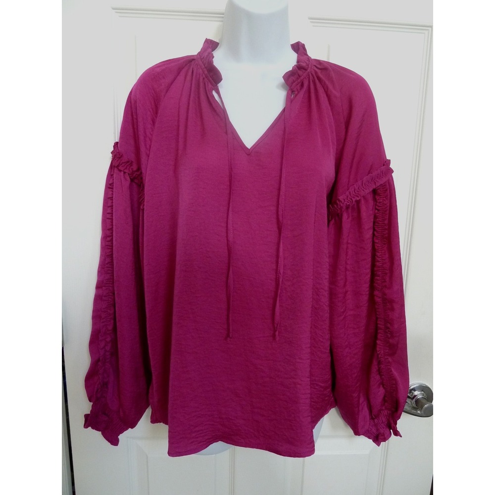Yuni Los Angeles Pink Balloon Ruffle Sleeve V-Neck Blouse Medium TO3096